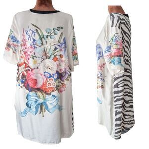 Emanuel Ungaro Floral Bouquet Mixed Zebra Print Shirt Dress Size M